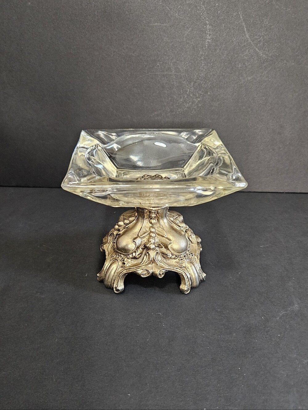 Vintage Pedestal Ashtray Heavy Glass Ornate Gold Tone Cast Metal Mid Century
